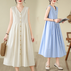 批发实拍夏装韩国东大门复古v领连衣裙无袖宽松背心裙气质中长裙