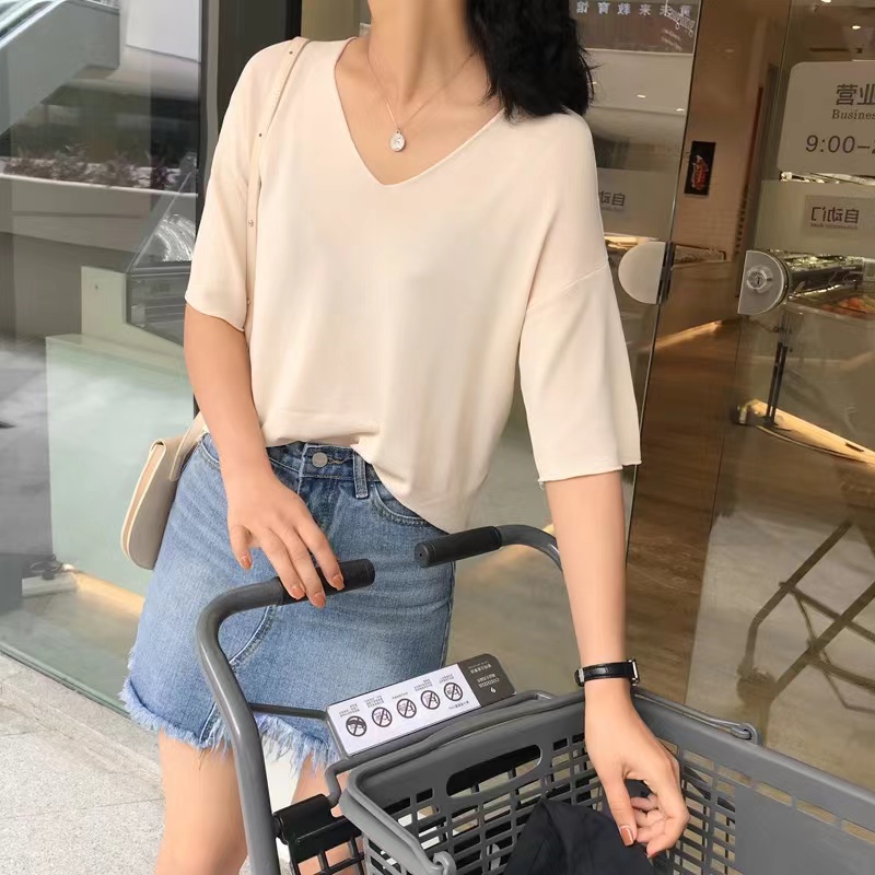 包芯紗短袖上衣針織衫打底衫女春秋女裝短款修身V領毛衣