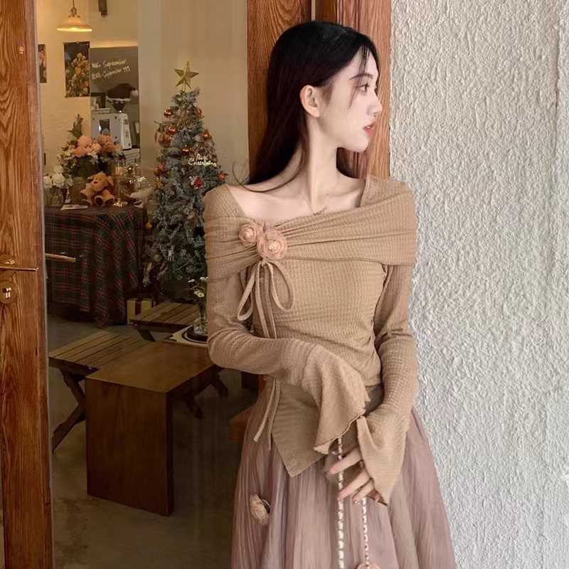 早春甜美氣質百搭方領立體花朵長袖襯衫女2024韓版百搭洋氣小衫潮