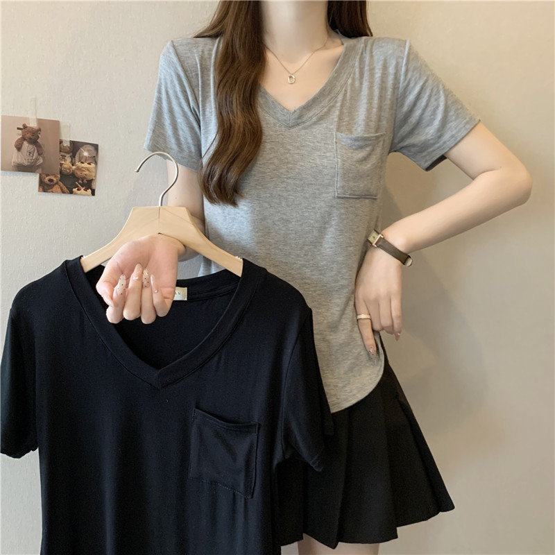 MY2916#设计感两侧褶皱弹力收腰V领短袖t恤女弹力修身短款打底衫上衣女裝貨源服裝批發