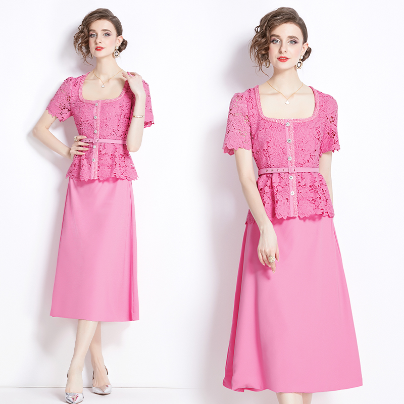 LN28241# -新款粉色镂空蕾丝拼接小众设计感假两件短袖长款连衣裙 服裝批發女裝批發服飾貨源