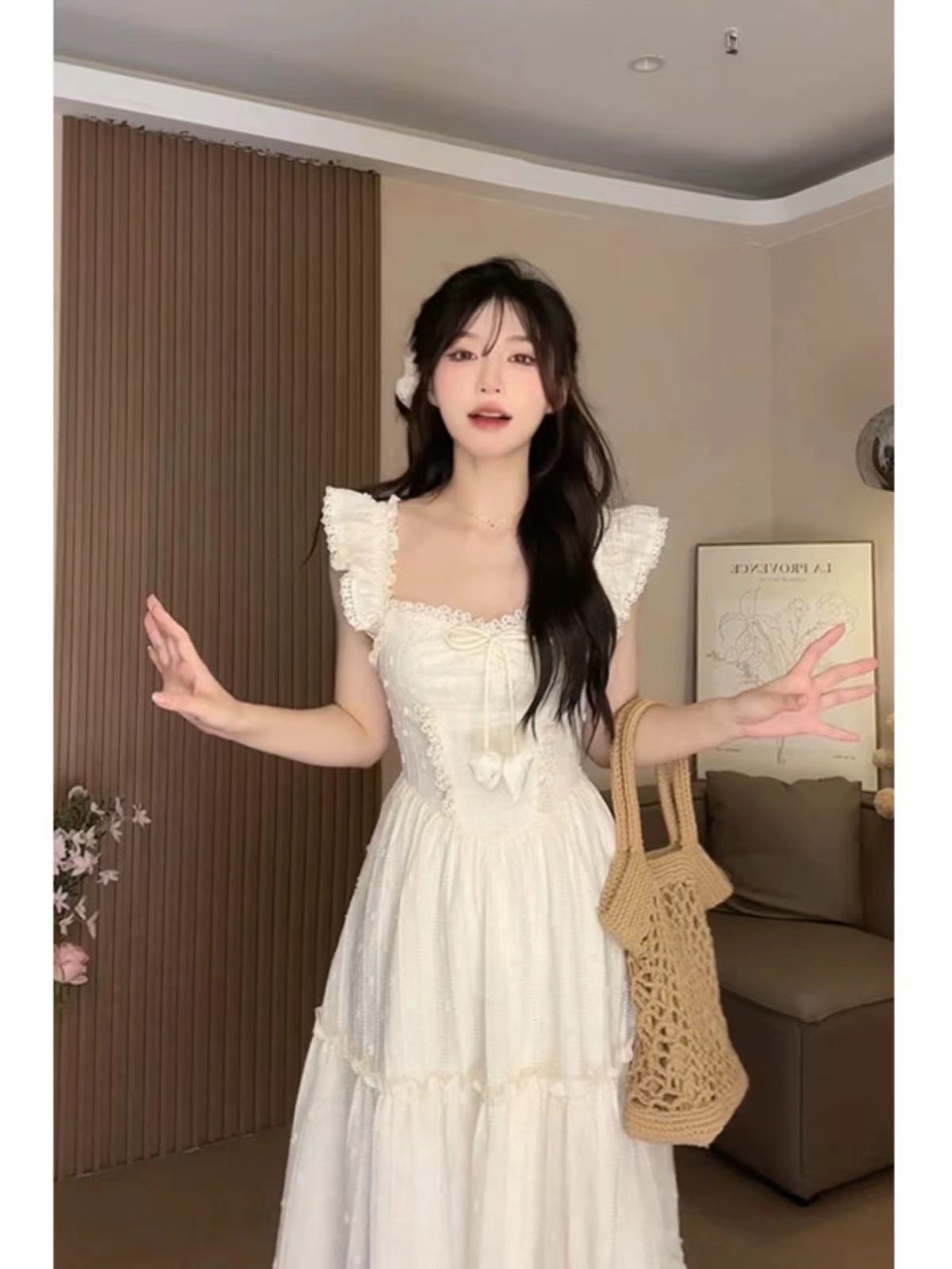 溫柔風夏季連衣裙女小飛袖收腰顯瘦初戀裙2024新款女裝法式長裙子