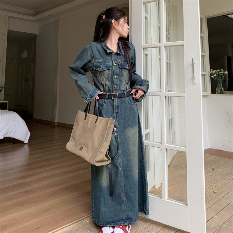 甜可-高級感復古牛仔連衣裙春季新款女收腰顯瘦高腰A字長裙
