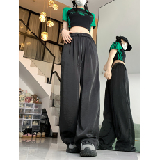 批发实拍新中式绸缎休闲裤女夏季少女粉色裤子阔腿裤宽松垂感拖地裤
