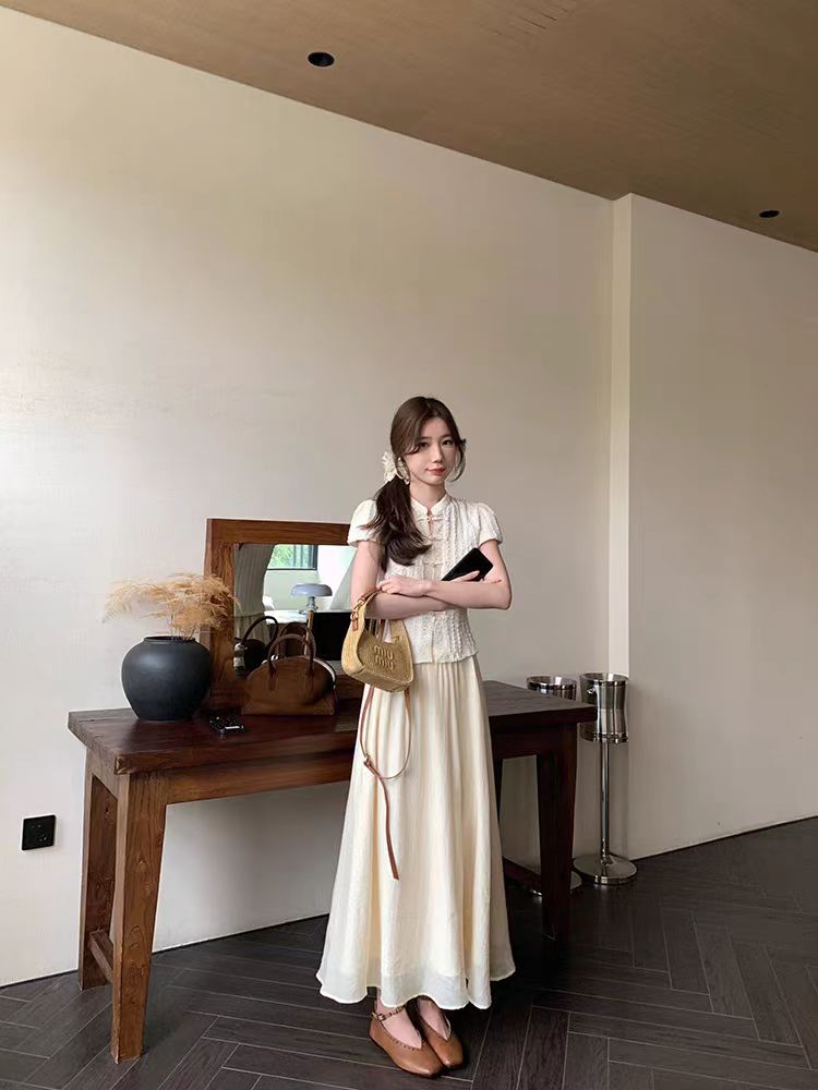 0318新品一夢芳華新中式國風短袖針織衫套裝杏色半身裙兩件套