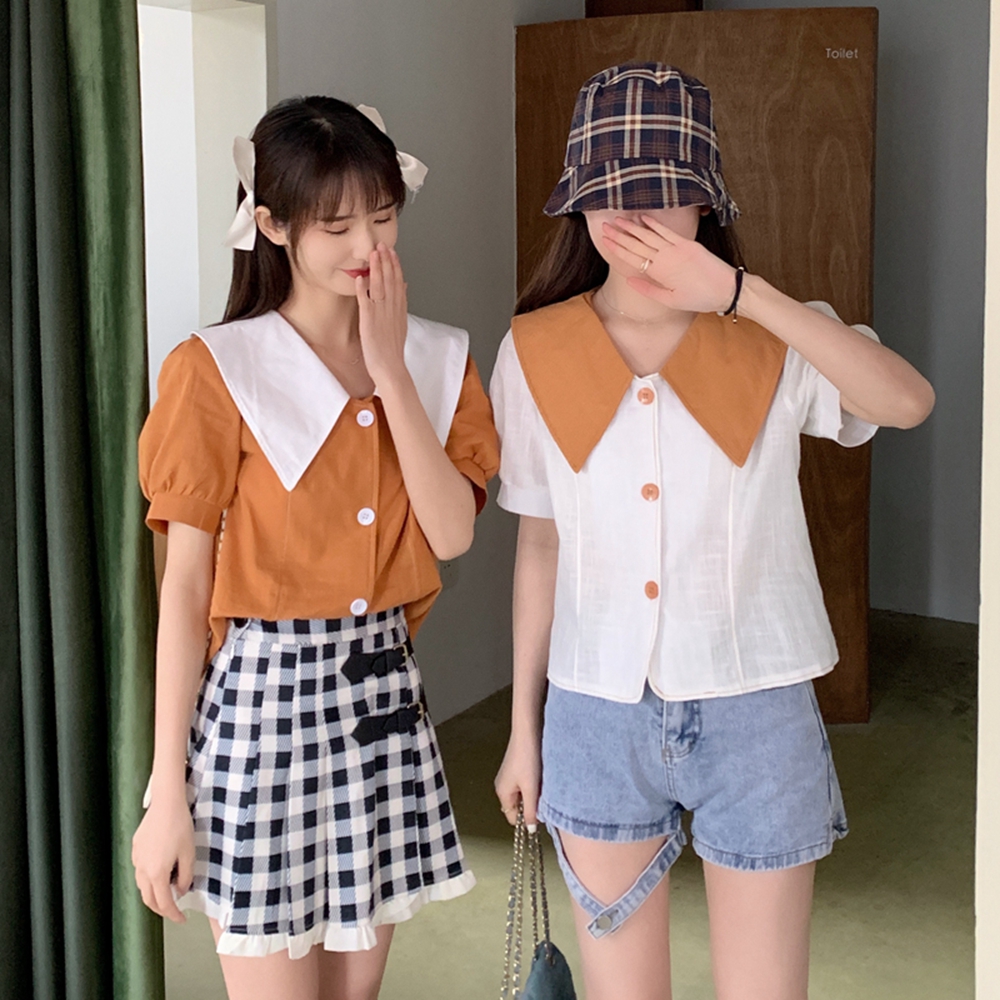 실사 여름 드레스 빅 사이즈 프랑스식 Chic 쇼트 스타일 맨위 거품 소매 셔츠 베이비 칼라 셔츠