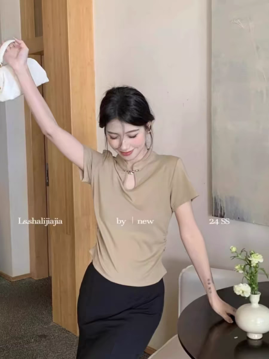 春款新中式國風盤扣短袖t恤中式女裝白色高級感韓系chic別致上衣