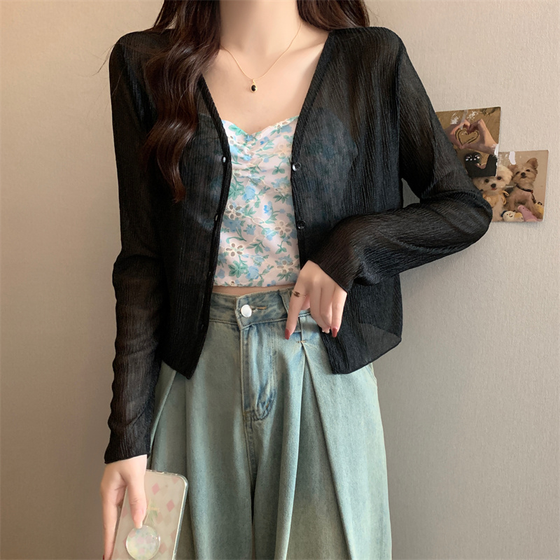 Real shot of sweet floral camisole spring and summer new sun protection chiffon cardigan coat top small shirt