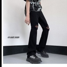 批发美式高街拉链微喇破洞黑色牛仔裤男ins潮牌风直筒长裤子水洗