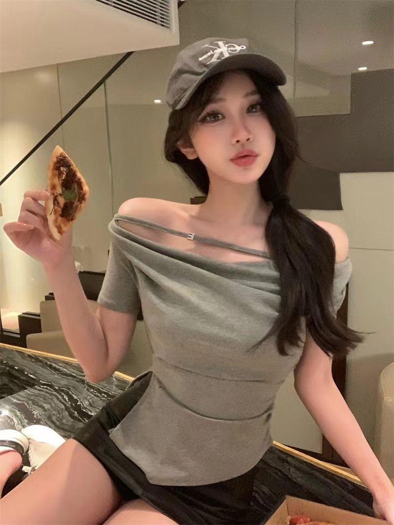 yaoxiaojie/姚小姐純欲一字肩短袖T恤女夏季露肩盪領開叉收腰上衣