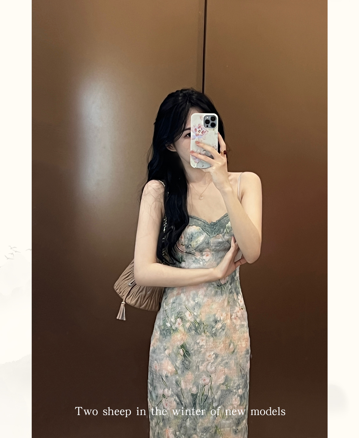 TYANG貳羊設計莫奈花園新中式收腰顯白蕾絲胸杯碎花吊帶連衣裙女