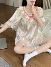 现货实拍韩版夏季新款公主风蕾丝拼接花边纯欲家居服套装短袖睡衣