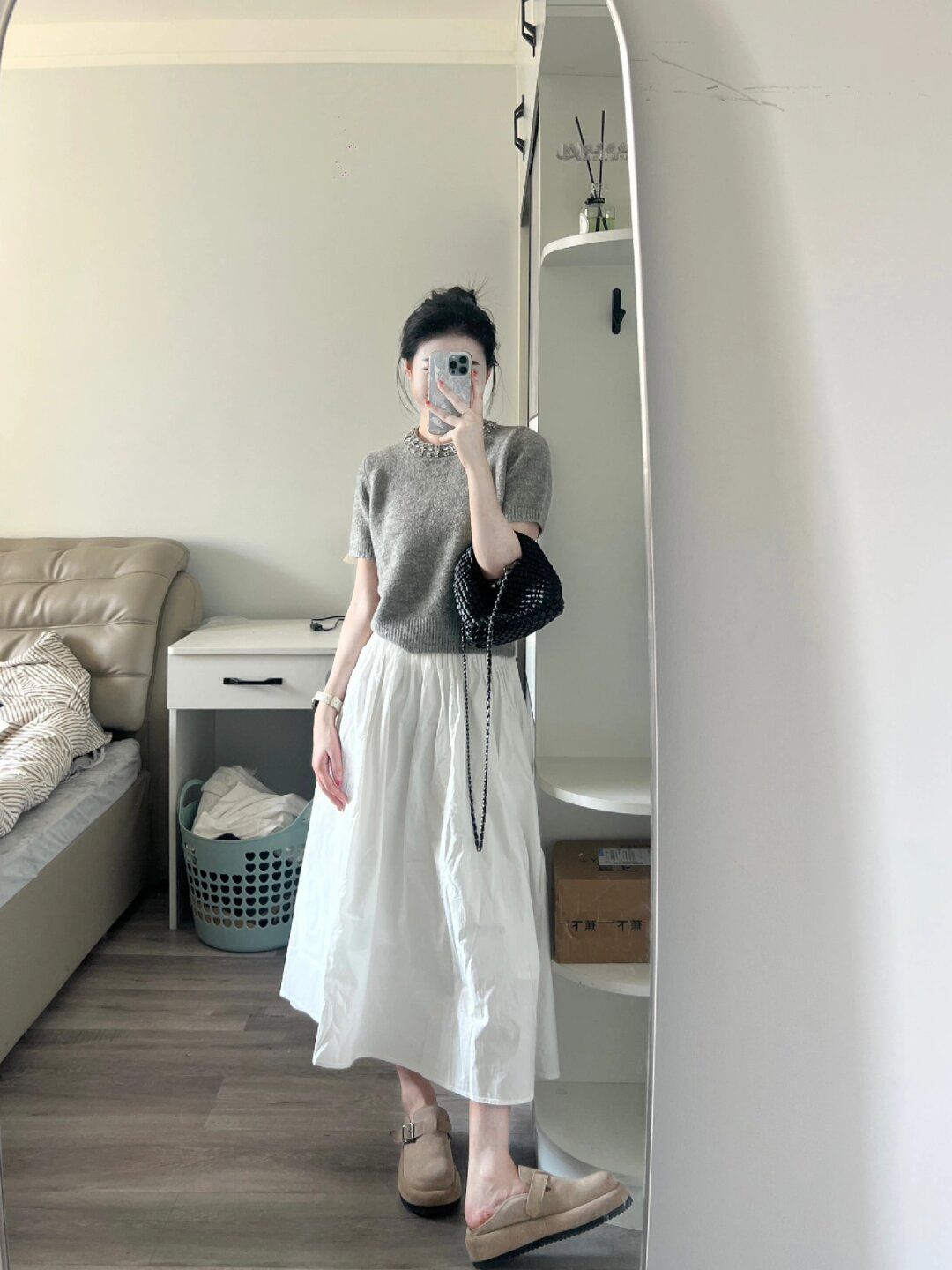 夏季小個子茶系穿搭灰色短袖針織衫半身裙減齡時尚輕熟兩件套裝女