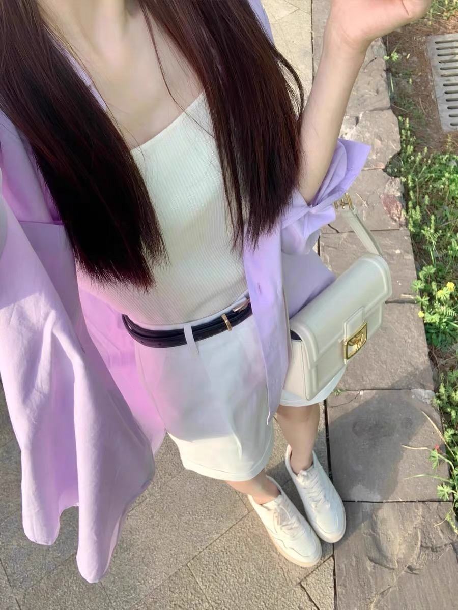 夏裝女2024早春茶系穿搭一整套活潑減齡網紅防曬襯衫炸街三件套裝