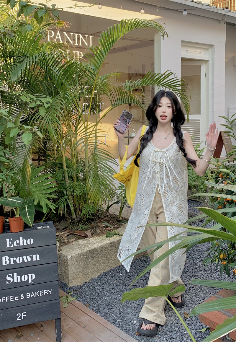 Actual shot, niche design, sleeveless vest dress, new Chinese style plate button, hollow lace layered long skirt