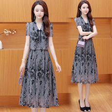 批发时尚洋气假两件拼接连衣裙女2025夏季修身显瘦中长款印花a字裙子