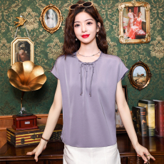 批发2025夏季新款醋酸缎面<b class='q'>蝙蝠衫</b>短袖<b class='q'>雪纺</b>衫女洋气衬衫宽权显瘦盘扣潮