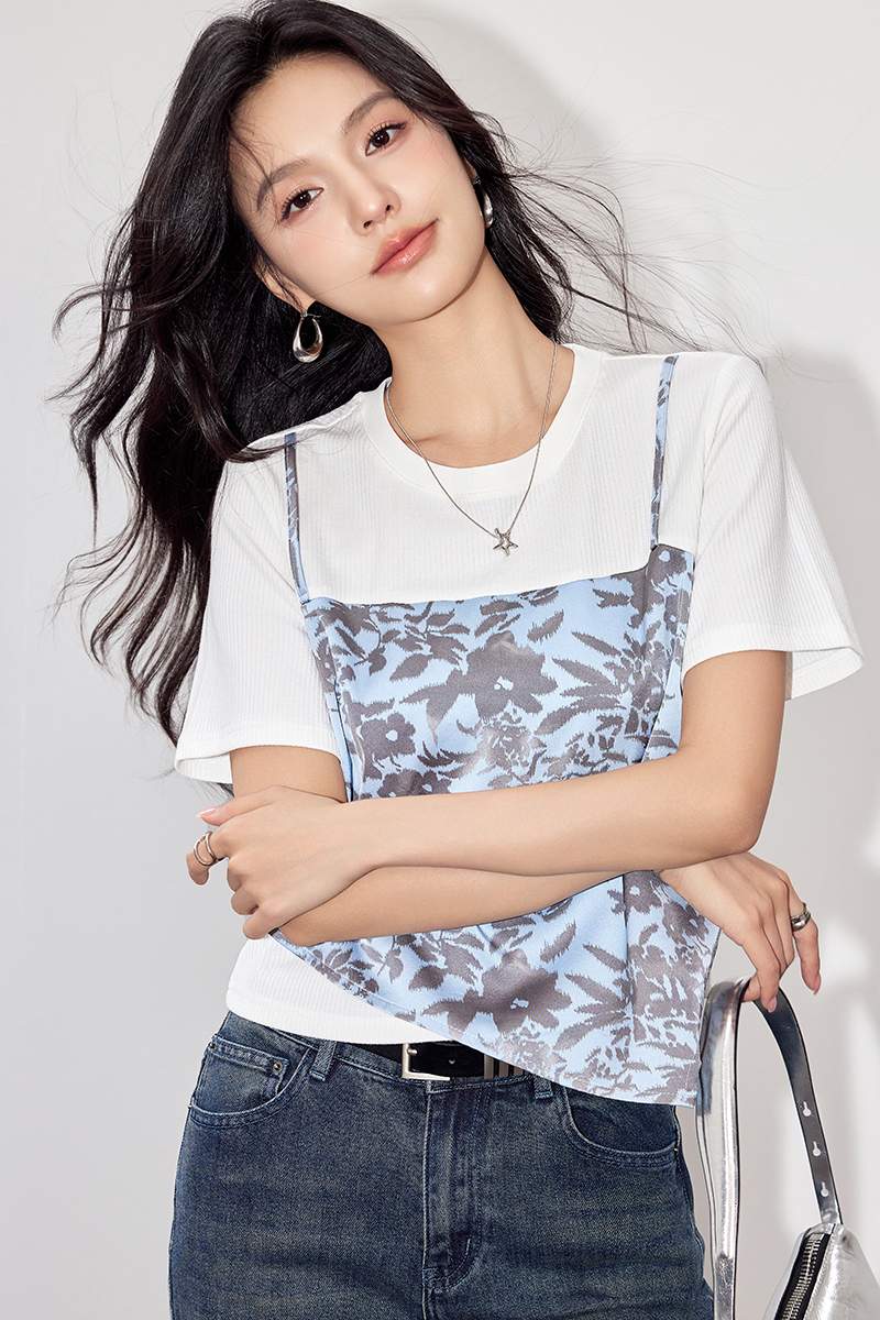 MY1673# 新款短袖复古两件套背心吊带减龄短袖上衣女裝貨源服裝批發