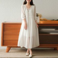 批发2026夏季宽松显瘦系带长裙两件套文艺风蕾丝<b class='q'>拼接</b>V领纯色<b class='q'>连衣裙</b>女