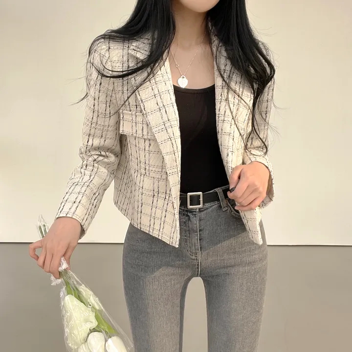 한국 chic 폴로 칼라 체크무늬 트위드 작은 샤넬 스타일 짧은 다용도 긴팔 여성 코트