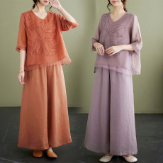 批发2026夏季新V领双层重工刺绣棉麻衬衫女拼接<b class='q'>欧根纱</b>小衫两件套<b class='q'>套装</b>