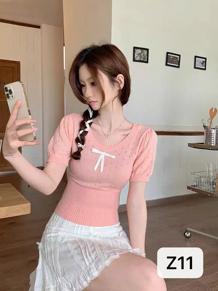 韓國chic 甜美軟糯小清新蝴蝶結麻花圓領短袖針織衫上衣