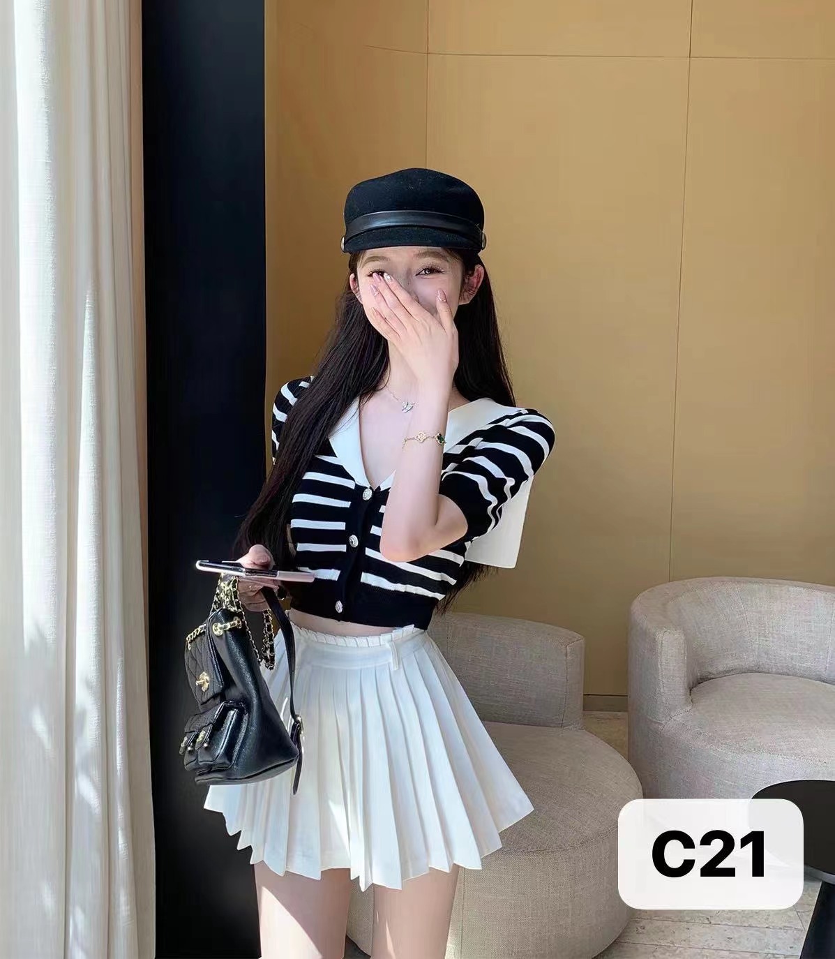早安樊樊 復古海軍領針織短袖簡約黑白條紋減齡短款小上衣女早春