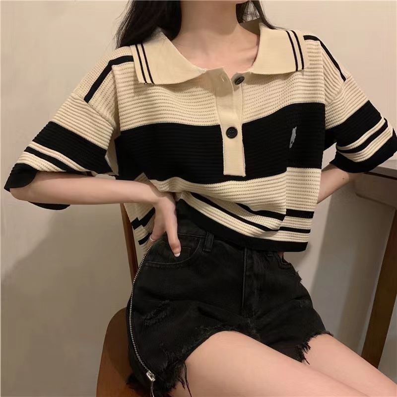 針織polo衫T恤女夏新款設計感小眾條紋正肩顯瘦獨特别致小衫上衣