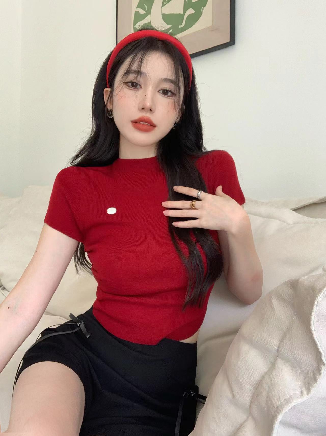 針織T恤女夏季薄款紅色辣妹緊身打底衫新款修身顯瘦短袖上衣