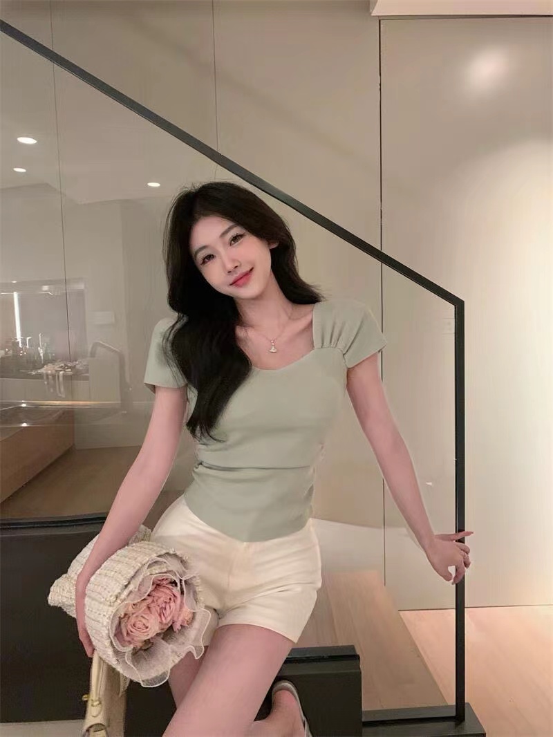 純欲方領短袖針織衫女裝夏季辣妹修身顯瘦短款設計感小眾獨特上衣