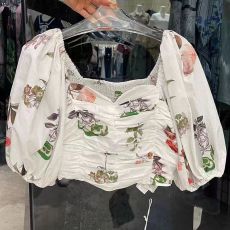 批发韩国东大门2026夏季新款复古印花褶皱方领短袖<b class='q'>衬衫</b>短款上衣女