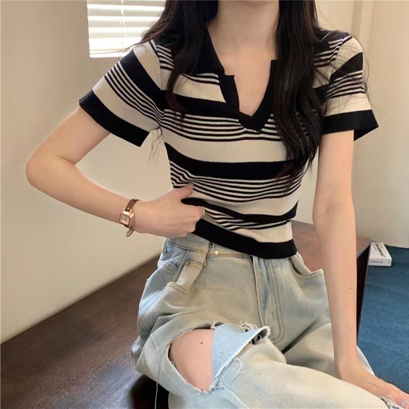 復古條紋polo領針織短袖t恤女夏季薄款翻領修身顯瘦百搭休閒上衣