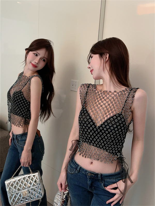 실사 여름 라운드 넥 다이아몬드 세팅 패치워크 홀로우 아웃 레이스 풀오버 조끼 경기 섹시함 포장 가슴 슬립 외국 가스 투피스 세트