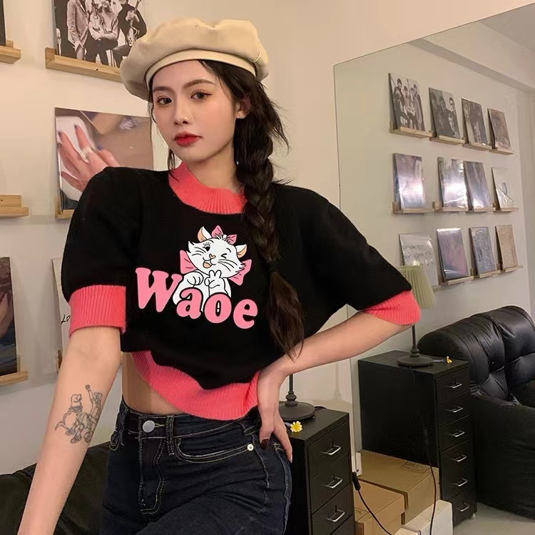 Good Morning Fanfan same style embroidered contrasting short-sleeved spring style sweet and age-reducing knitted sweater for small people