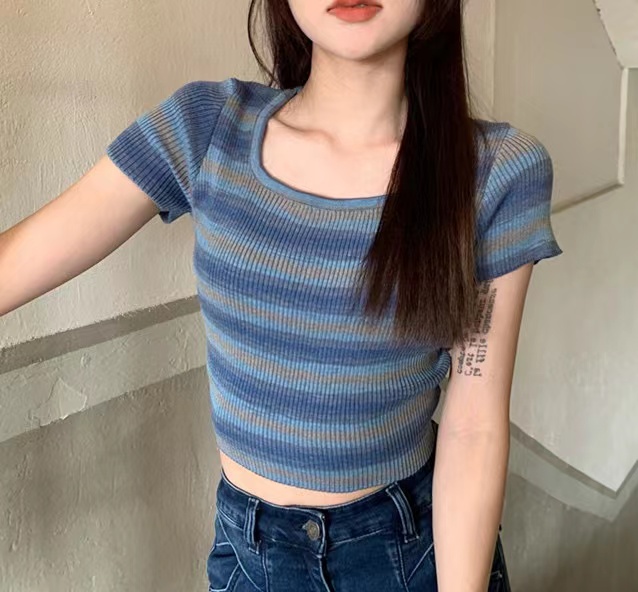 Pink striped knitted short-sleeved T-shirt for women summer new design niche pure desire hot girl short top