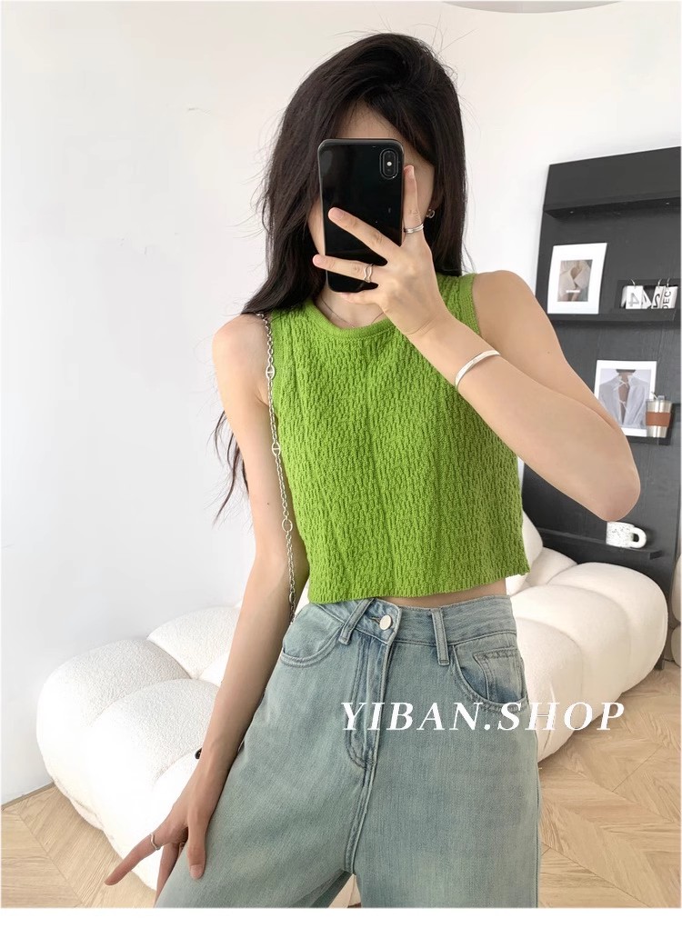 YIBAN Korean textured solid color round neck casual and versatile knitted sleeveless vest suspender short top for women