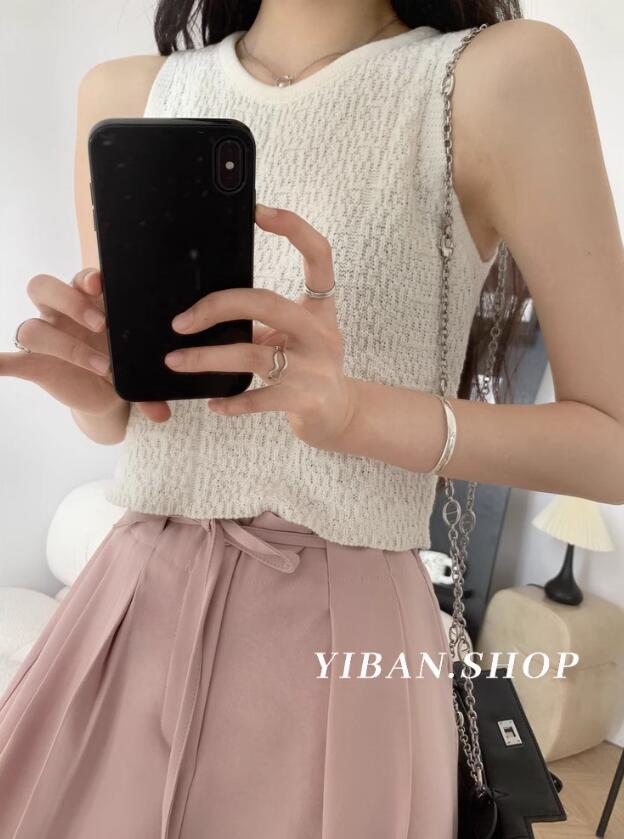 YIBAN Korean textured solid color round neck casual and versatile knitted sleeveless vest suspender short top for women