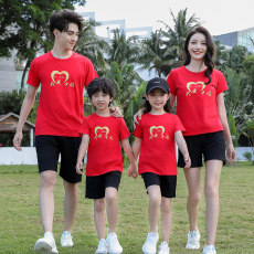 批发2024一家三口夏季<b class='q'>亲子装</b>母子男女童红色套装六一活动款洋气短袖新