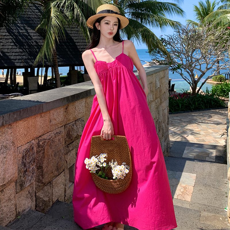 TR76213# 玫红色度假风吊带连衣裙超美多巴胺海边拍照沙滩长裙