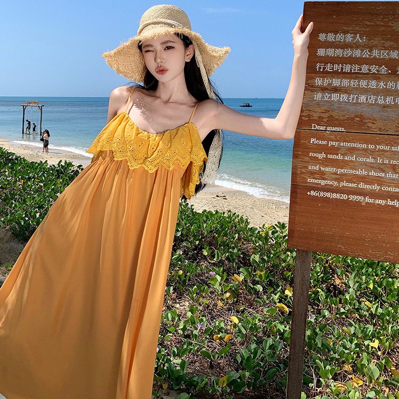 LN23224# 度假风暖黄色吊带连衣裙显白沙滩超美海边拍照裙 服裝批發女裝批發服飾貨源