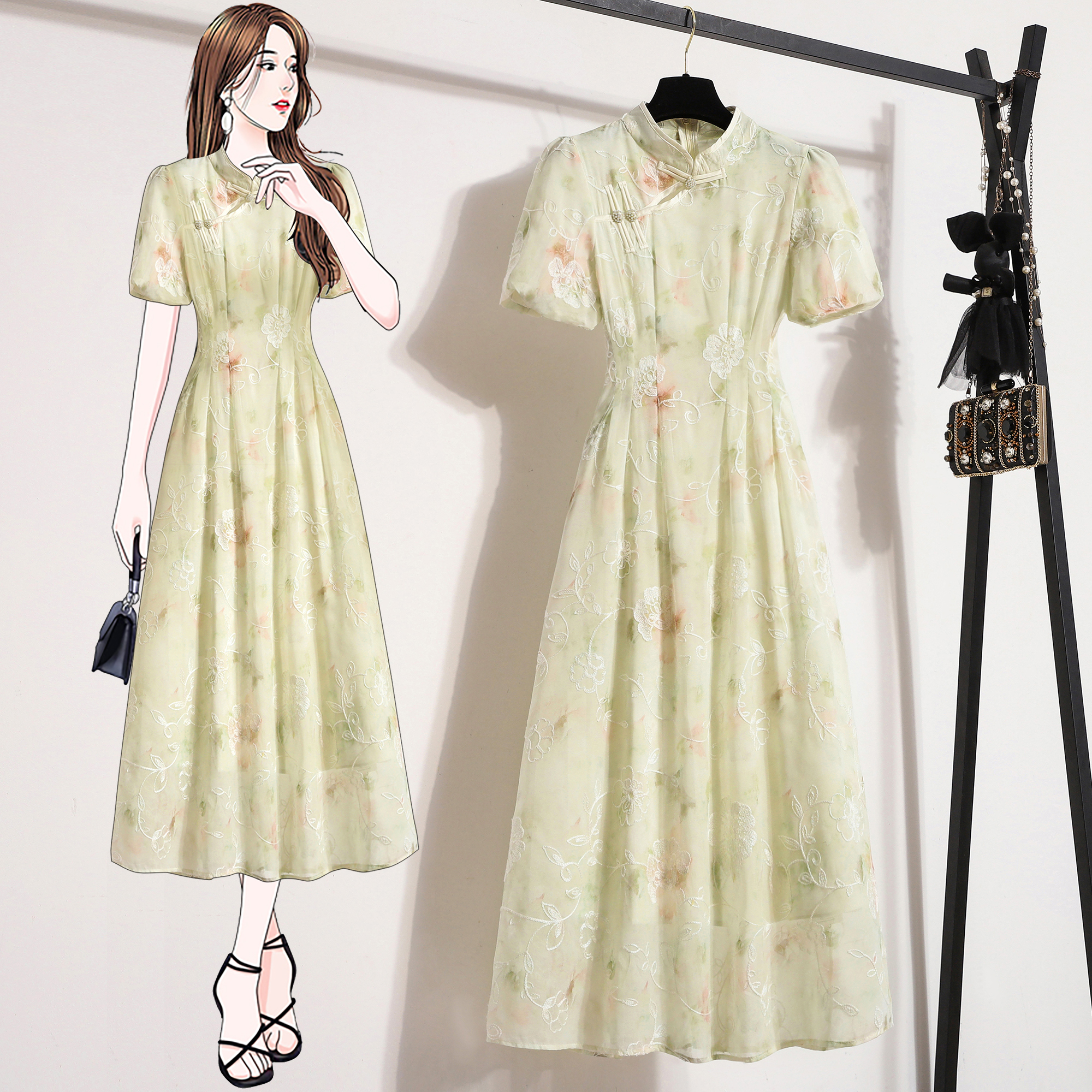 MY14848# 大码胖mm旗袍改良夏季新中式收腰显瘦清冷感禅意连衣裙女裝...