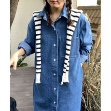 批发<b class='q'>韩国</b>chic春秋简约翻领单排扣宽松衬衫裙休闲长款牛仔连衣裙女秋季