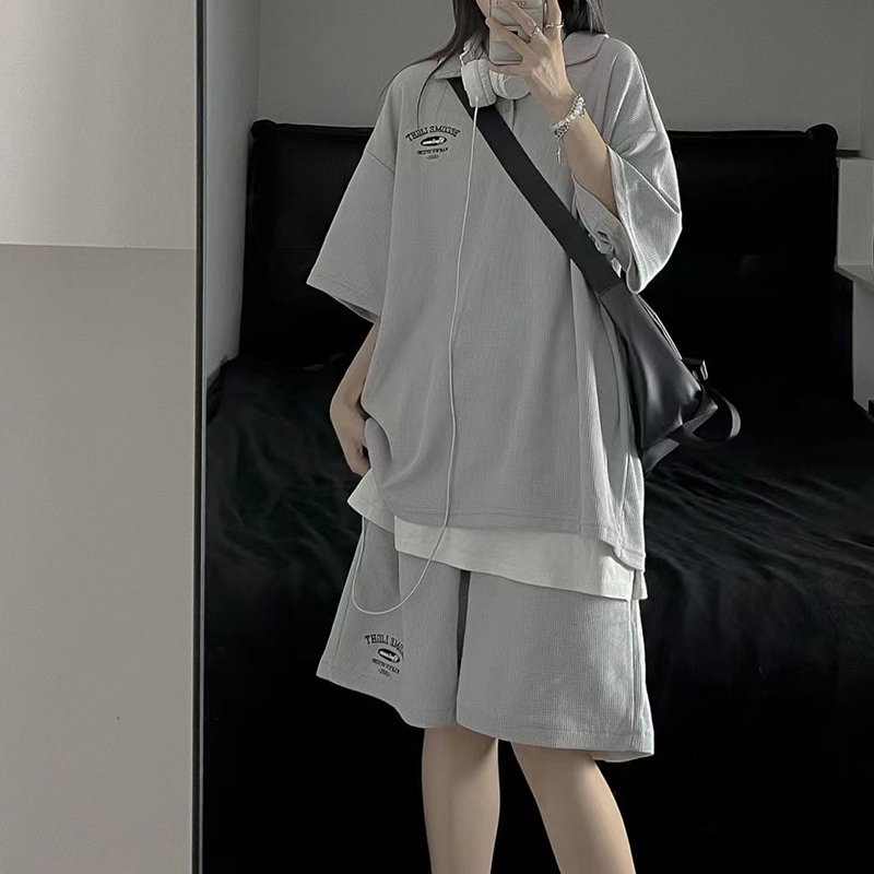 250g華夫格兩件套女2024夏季新款重工刺繡學生韓版寬鬆套裝