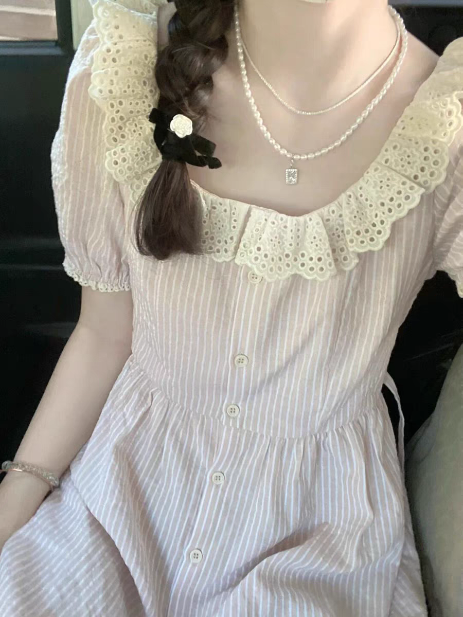 蕾絲花邊方領短袖條紋襯衫連衣裙女夏日系溫柔甜美小個子收腰長裙