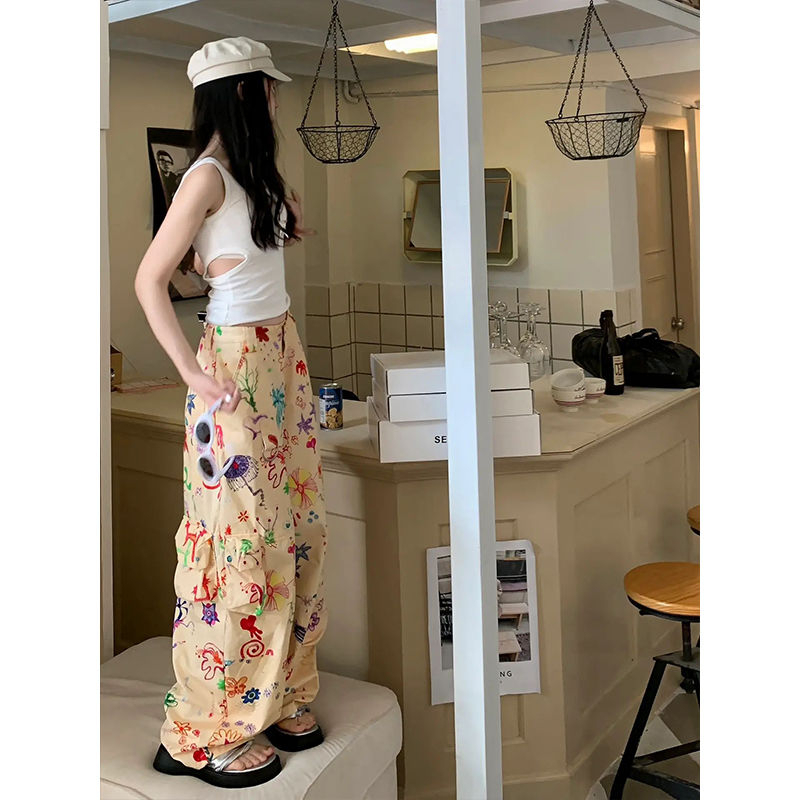 美式塗鴉花卉印花休閒闊腿褲夏季新款高級設計感高腰寬鬆拖地長褲