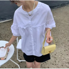 批发夏装新款<b class='q'>大码</b>女装慵懒风泡泡袖白色衬衫纯棉短袖时尚宽松百搭上衣