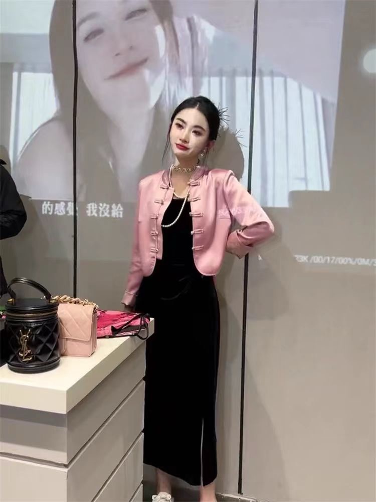 復古新中式洋氣撞色套裝女秋季盤扣設計感外套+性感連衣裙兩件套