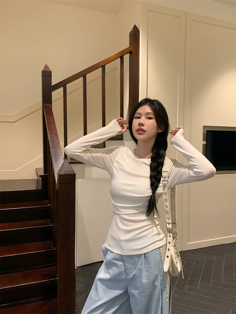 이중층 주름 장식 니트 기본 셔츠 여성 봄 가을 몸매 가꾸기 슬림해 보이는 인사이드 가져 가라. 티셔츠 맨위 실사 정가