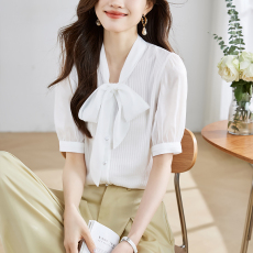 批发2026夏季新品短袖<b class='q'>衬衫</b>女白色淑女修身中袖飘带蝴蝶结领<b class='q'>OL</b>洋气<b class='q'>衬衣</b>
