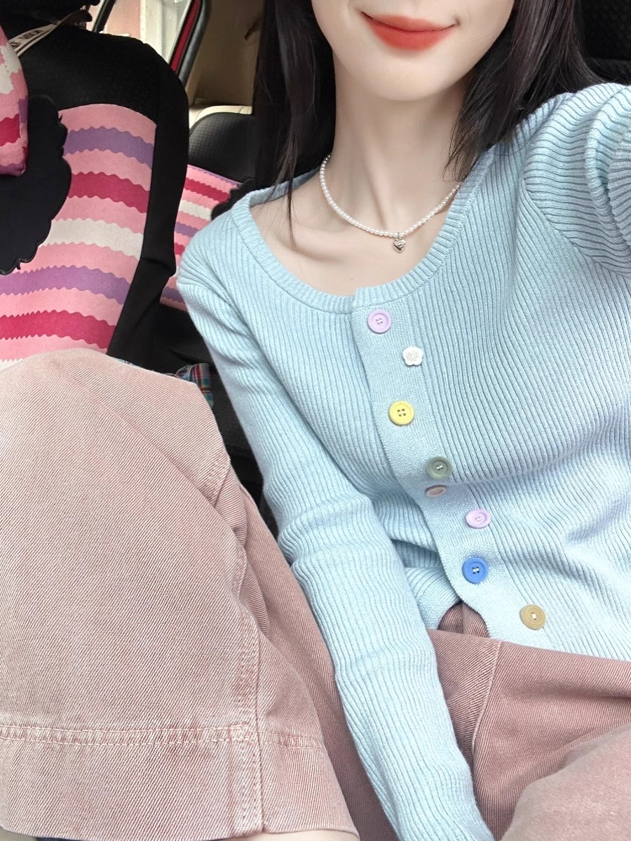 元氣軟妹韓系藍色短款針織開衫女春季小個子慵懶軟糯毛衣外套上衣